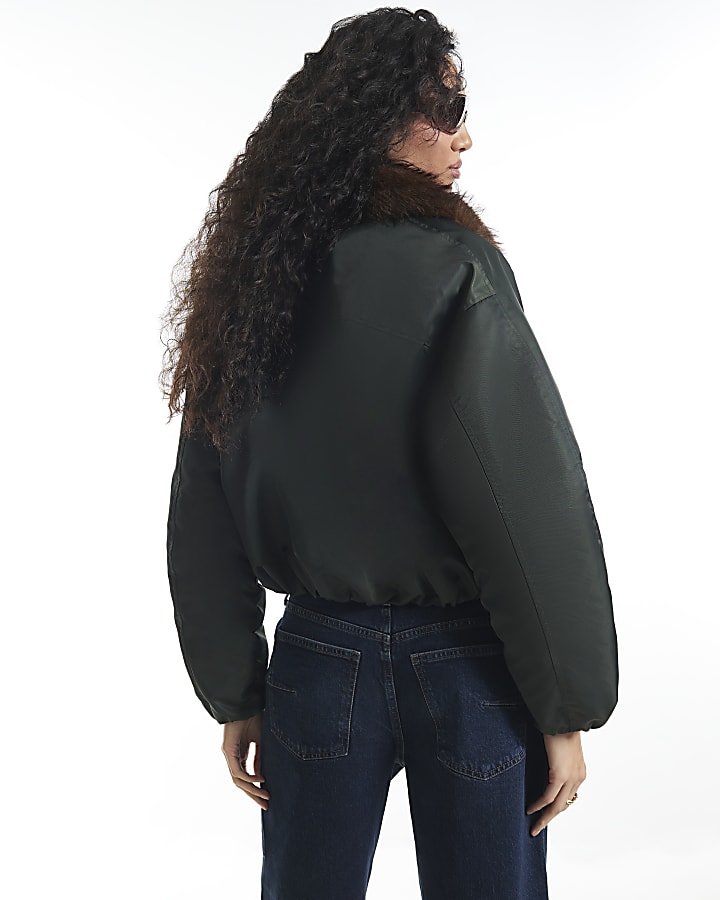 Khaki Fur Shawl Collar Padded Jacket