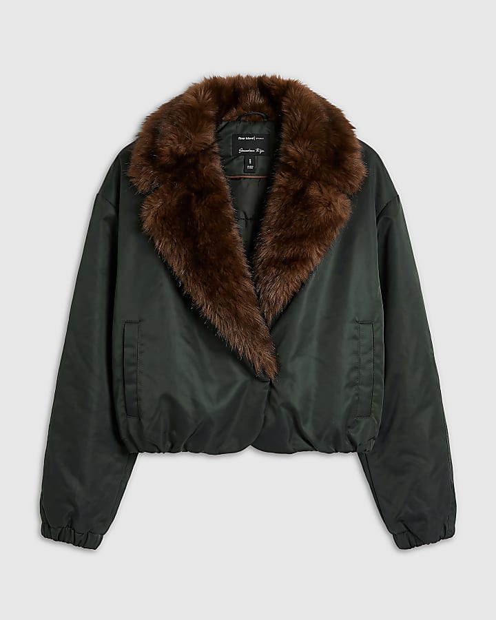 Khaki Fur Shawl Collar Padded Jacket