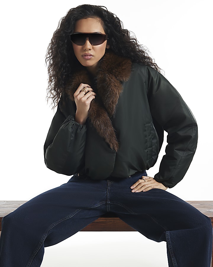 Khaki Fur Shawl Collar Padded Jacket