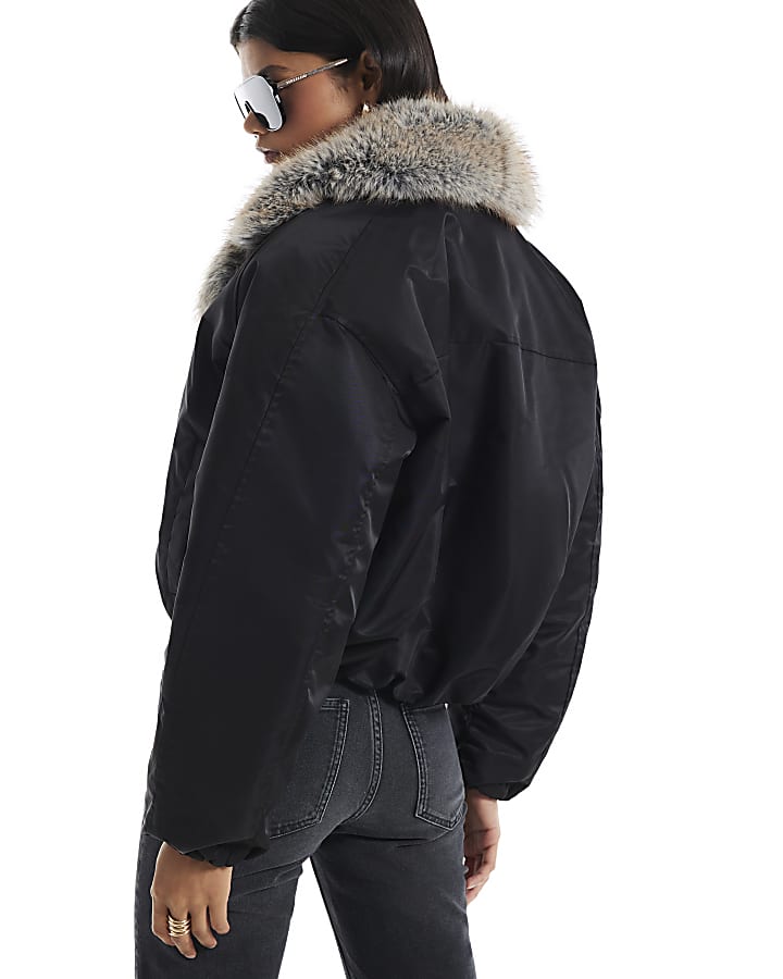 Black Fur Shawl Collar Padded Jacket