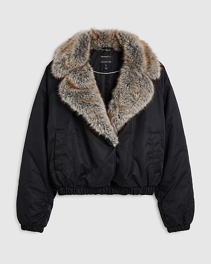 Black Fur Shawl Collar Padded Jacket