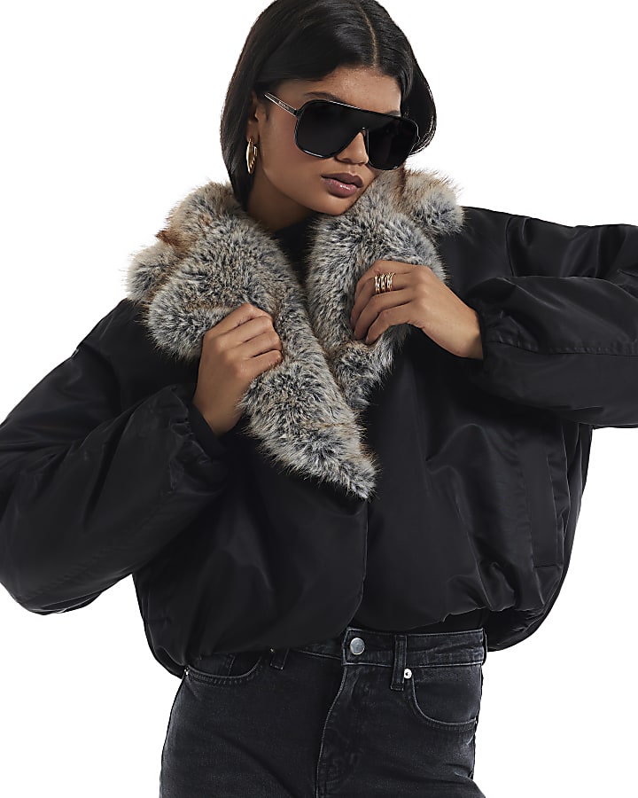 Black Fur Shawl Collar Padded Jacket