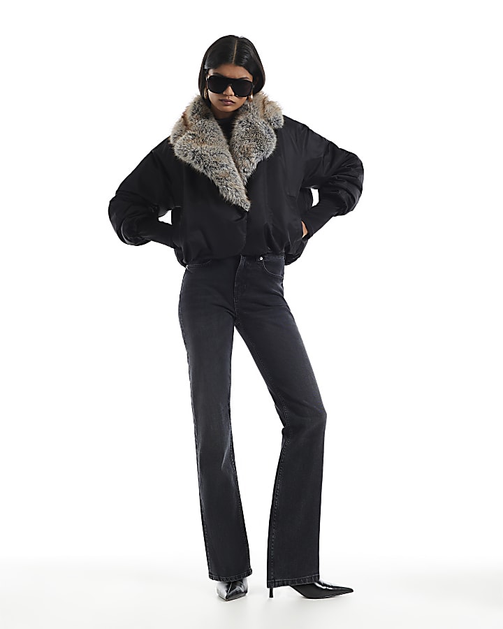 Black Fur Shawl Collar Padded Jacket