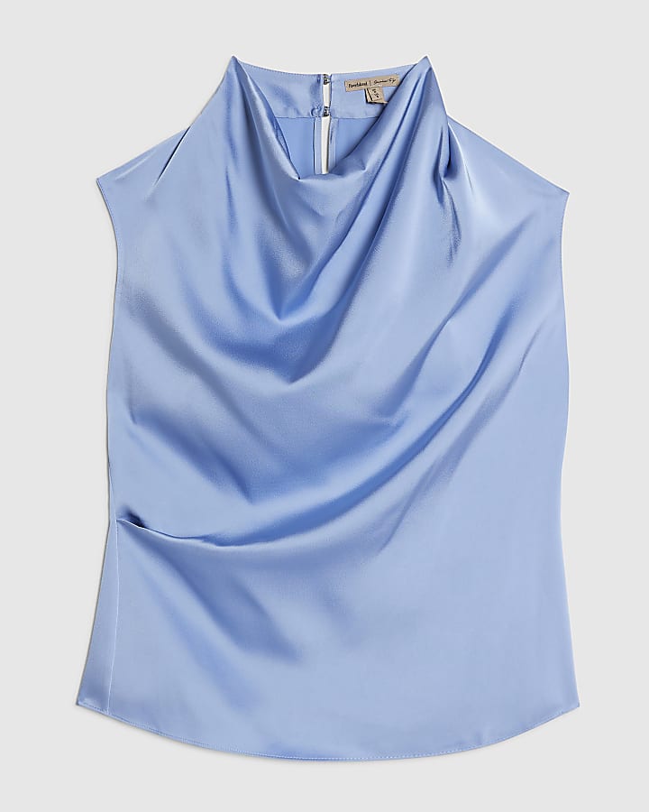 Blue Satin Cowl Neck Tank Top