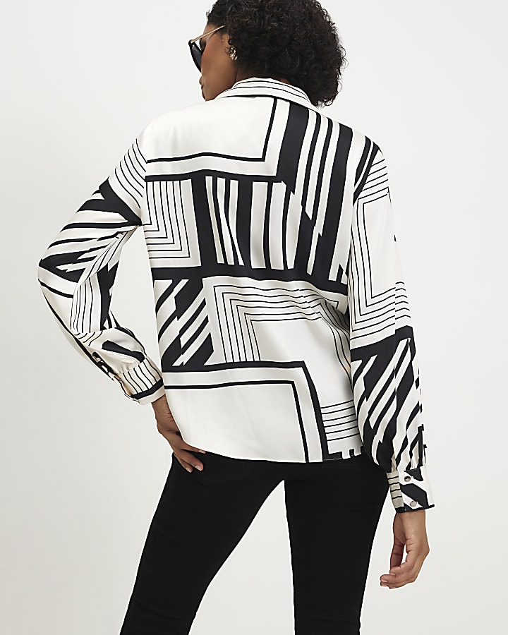 Cream Monochrome Stripe Tuck Hem Blouse
