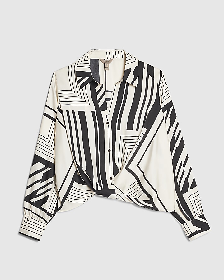 Cream Monochrome Stripe Tuck Hem Blouse