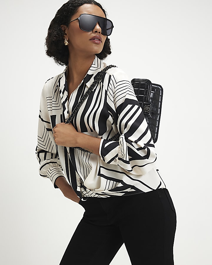Cream Monochrome Stripe Tuck Hem Blouse