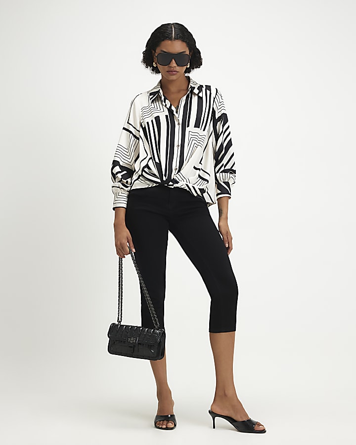 Cream Monochrome Stripe Tuck Hem Blouse