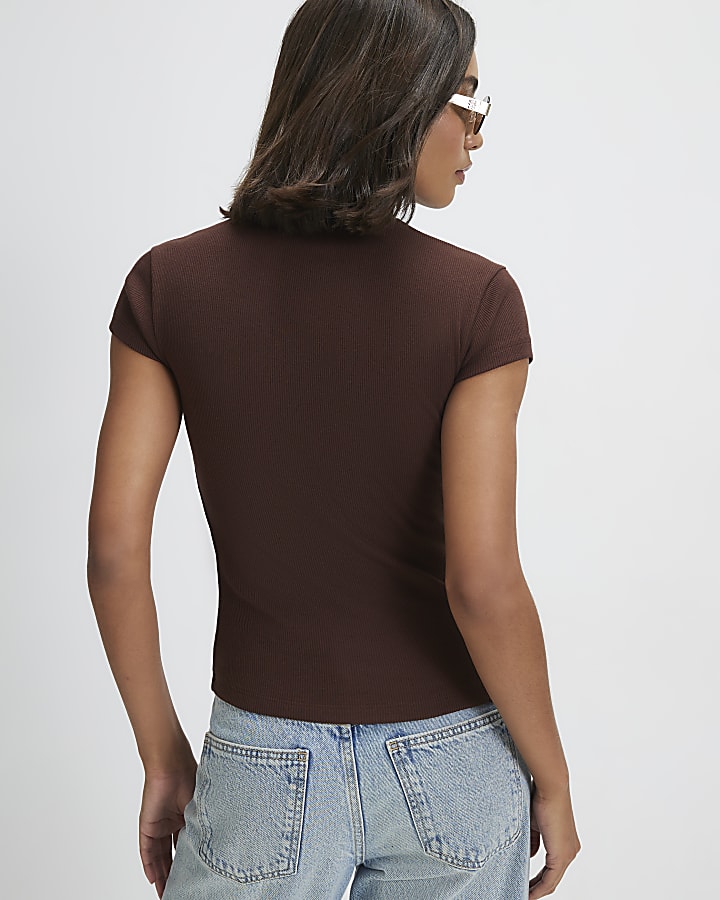 Brown Cotton Blend Ribbed Short Sleeve Top