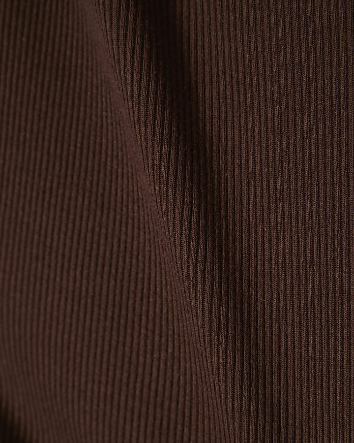 Brown Cotton Blend Ribbed Short Sleeve Top