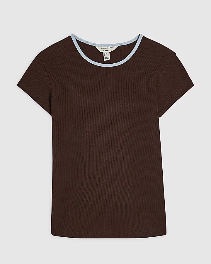 Brown Cotton Blend Ribbed Short Sleeve Top