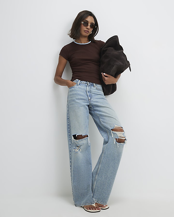 Brown Cotton Blend Ribbed Short Sleeve Top