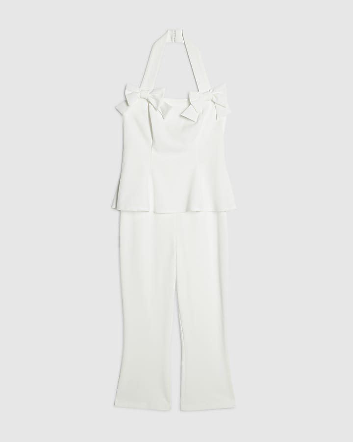 Cream Halter Neck Bow Detail Capri Jumpsuit