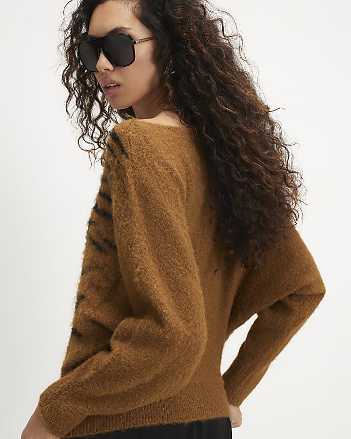 Brown Tiger Print Batwing Knit Jumper