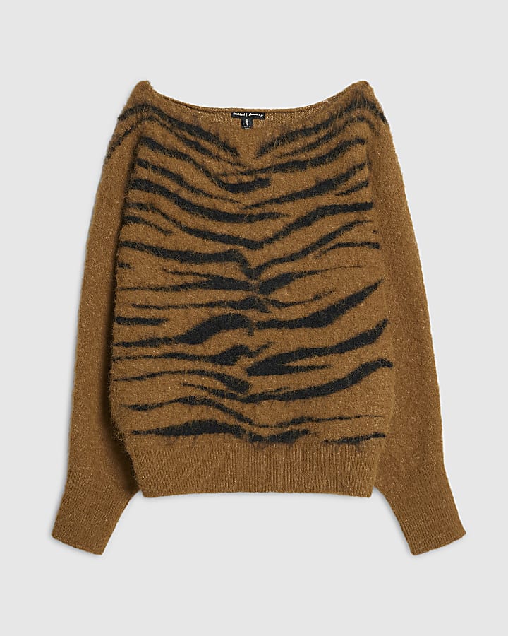 Brown Tiger Print Batwing Knit Jumper