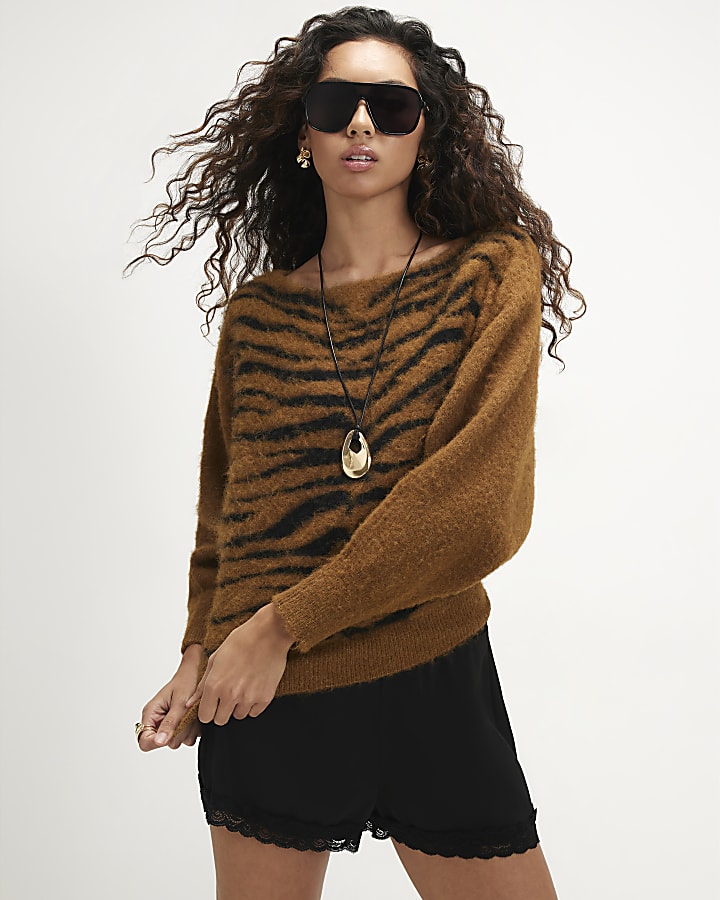 Brown Tiger Print Batwing Knit Jumper