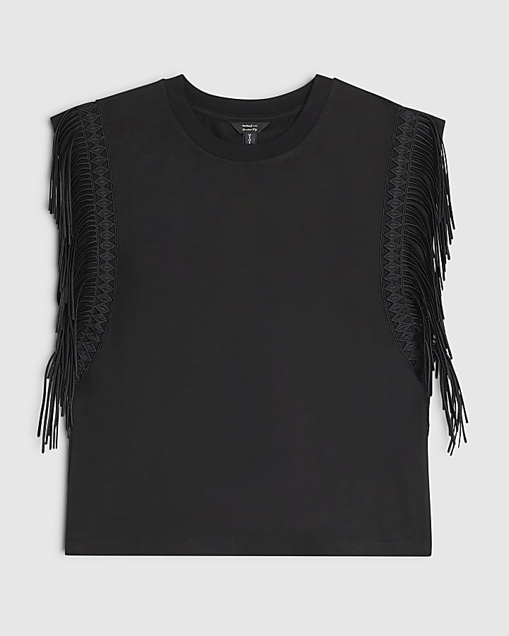 Black Cotton Fringe T-Shirt