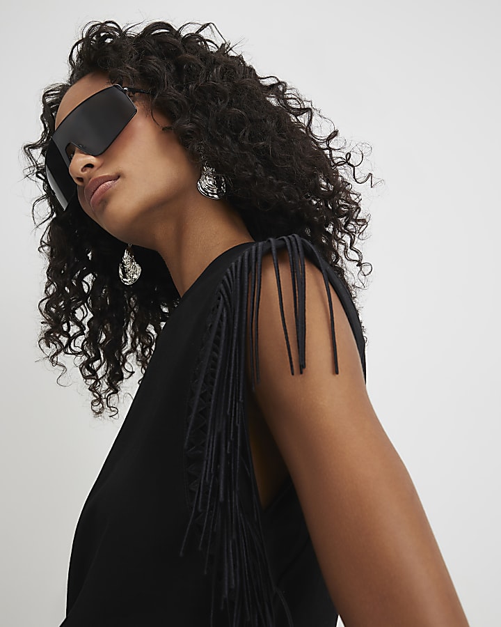 Black Cotton Fringe T-Shirt