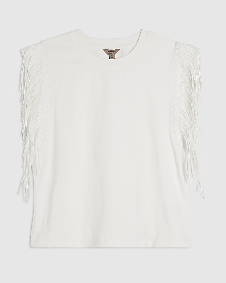 White Cotton Fringe T-Shirt