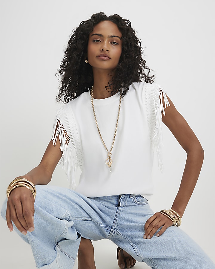 White Cotton Fringe T-Shirt