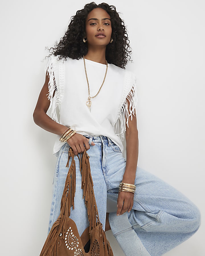 White Cotton Fringe T-Shirt