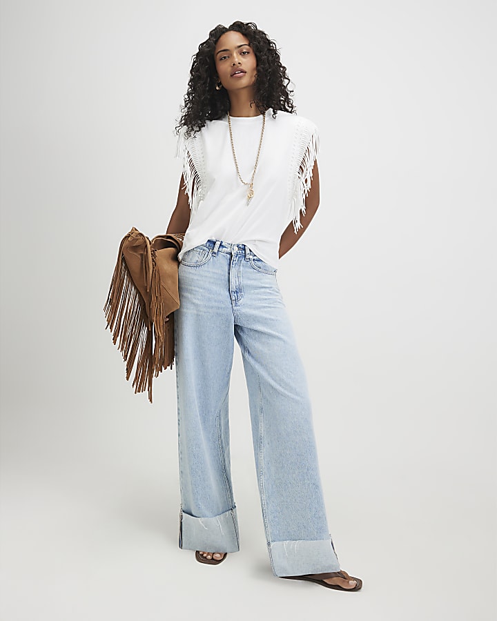 White Cotton Fringe T-Shirt