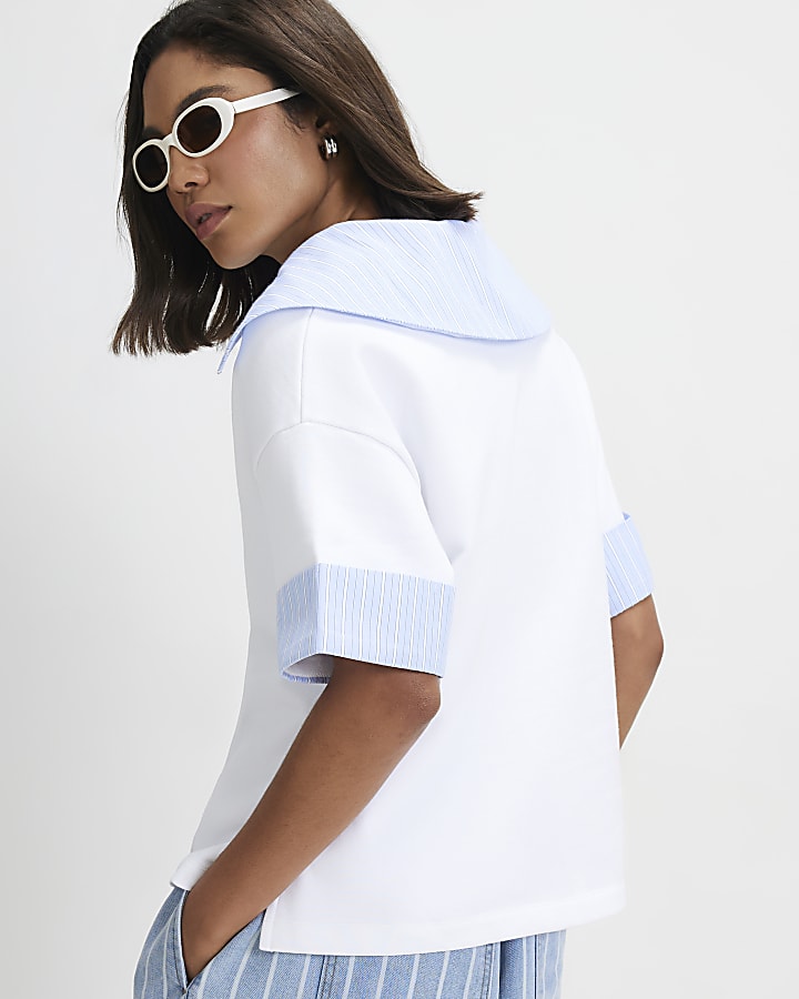 White Stripe Detail Hybrid Jersey Polo Top