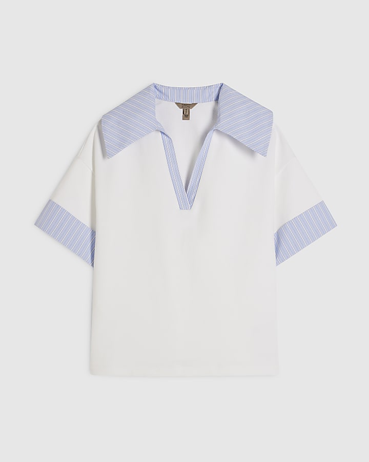 White Stripe Detail Hybrid Jersey Polo Top