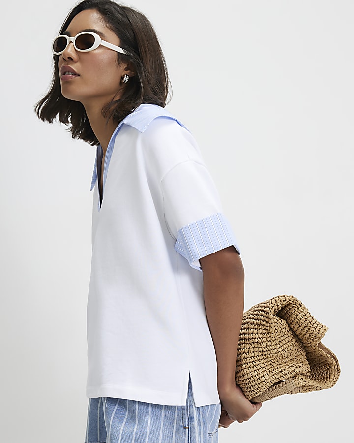 White Stripe Detail Hybrid Jersey Polo Top