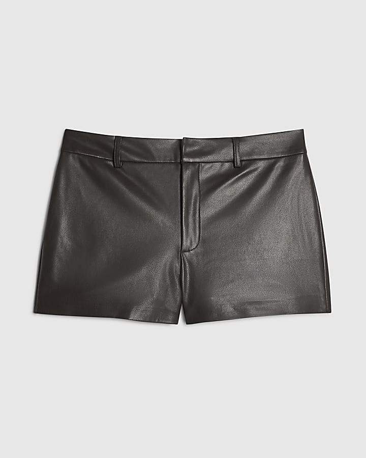 Brown Faux Leather Tailored Hotpant Shorts
