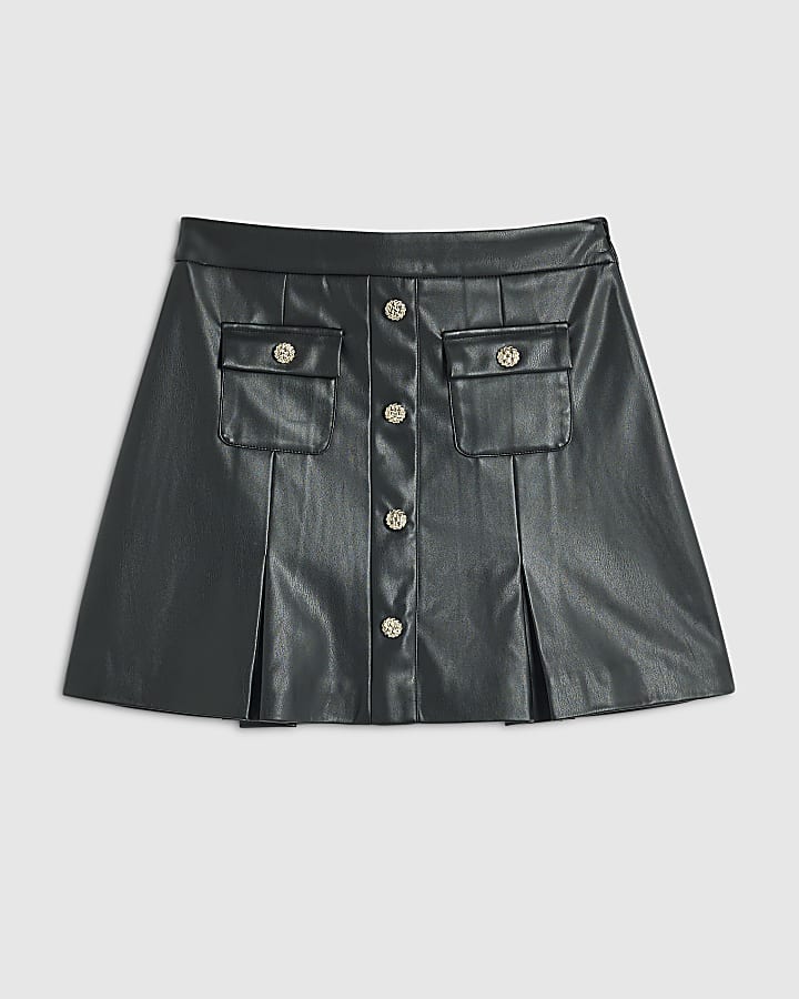 Black Faux Leather Inverted Pleat Mini Skirt