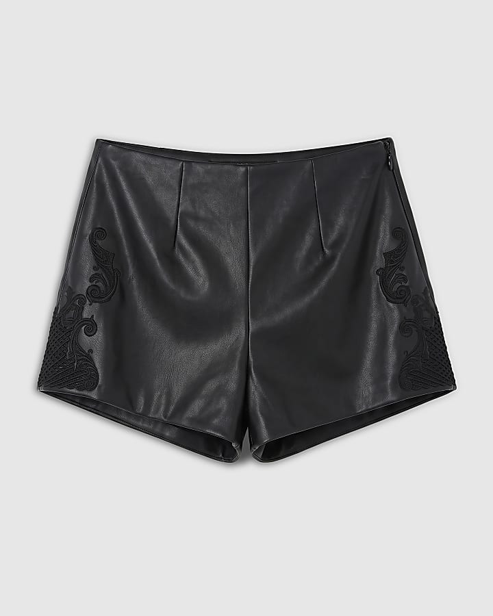 Black Faux Leather Embroidered Shorts