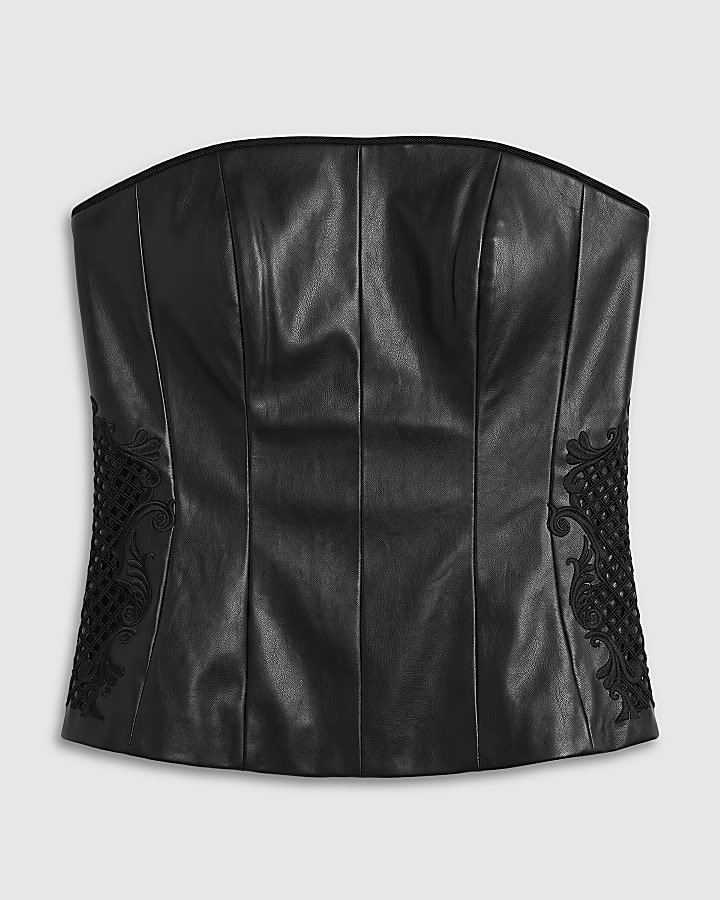 Black Faux Leather Embroidered Bustier Top