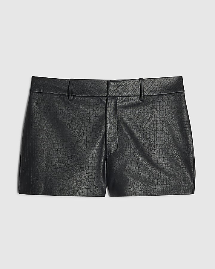 Black Croc Print Faux Leather Shorts
