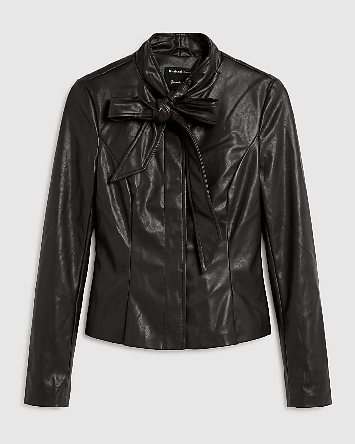 Brown Faux Leather Tie Detail Shirt