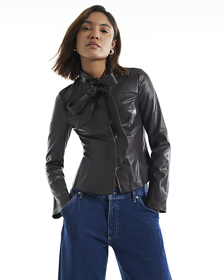 Brown Faux Leather Tie Detail Shirt