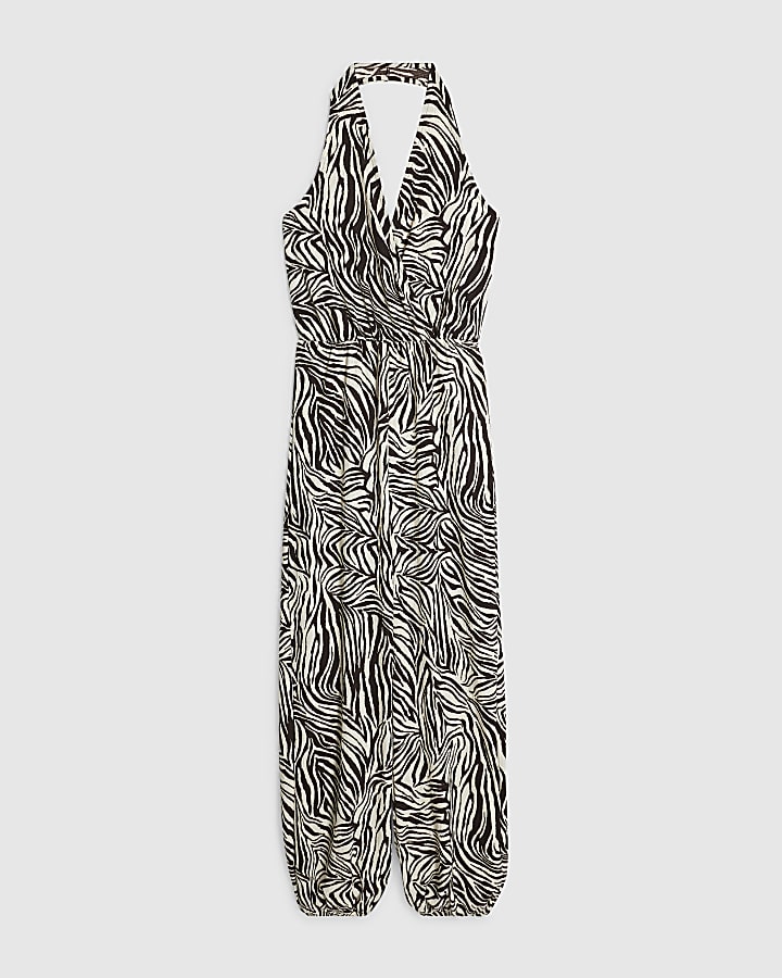 Beige Zebra Textured Halter Jumpsuit