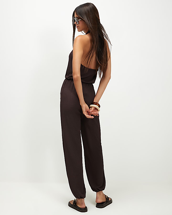 Brown Textured Halter Neck Jumpsuit