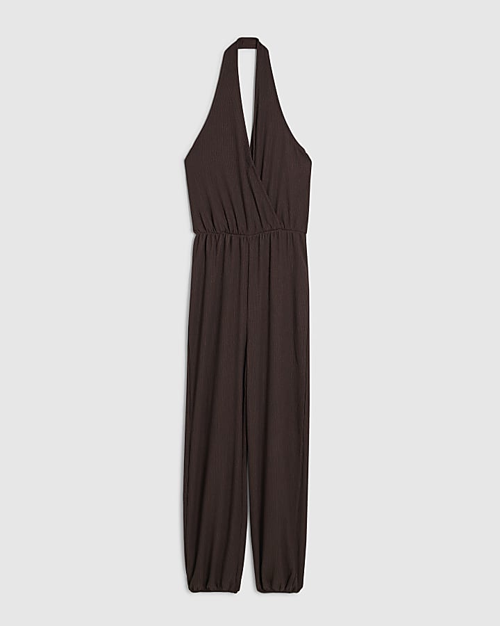 Brown Textured Halter Neck Jumpsuit