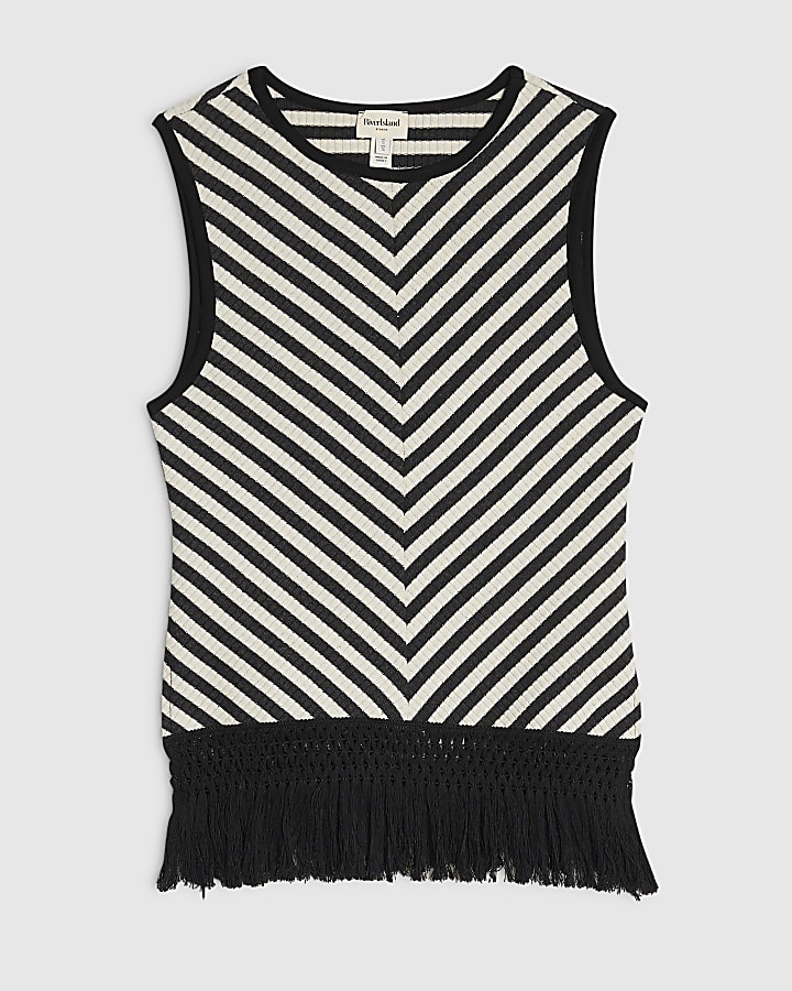 Cream Cotton Blend Fringe Stripe Tank Top
