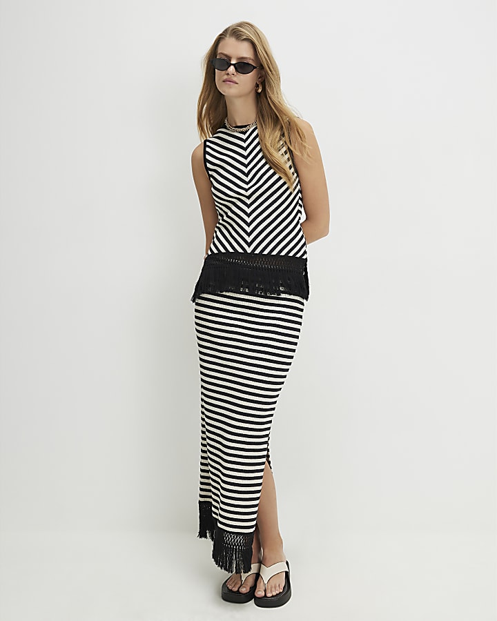 Cream Cotton Blend Fringe Stripe Tank Top