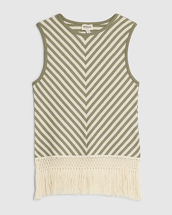 Green Sleeveless Fringe Striped Tank Top