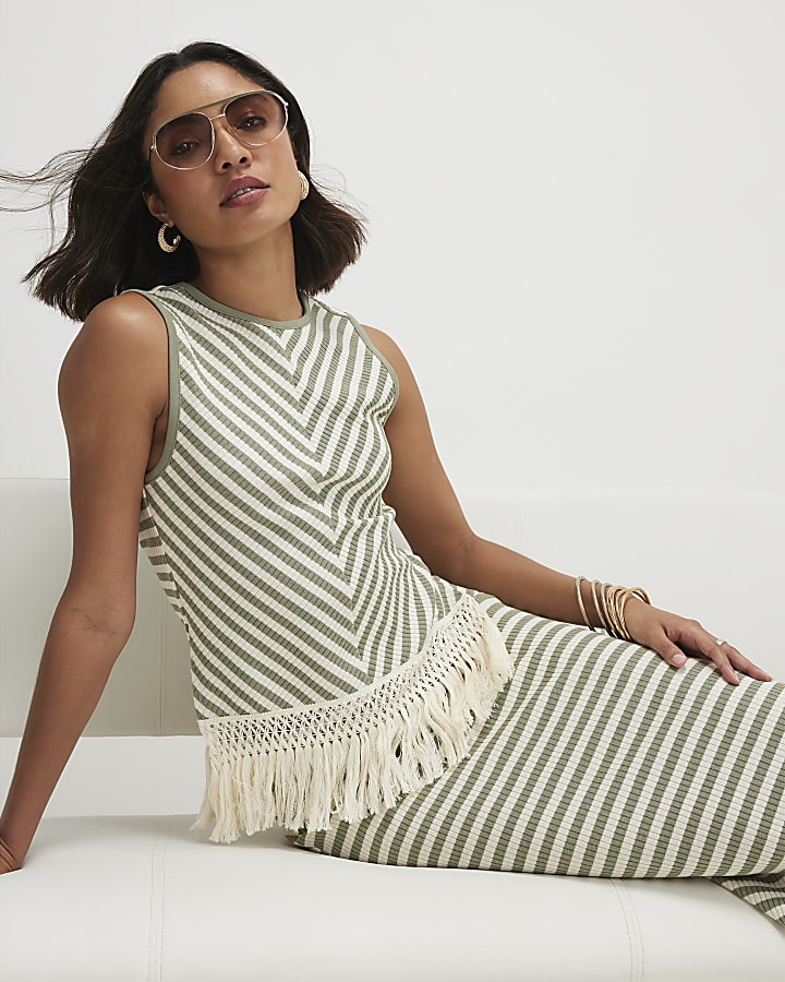 Green Sleeveless Fringe Striped Tank Top