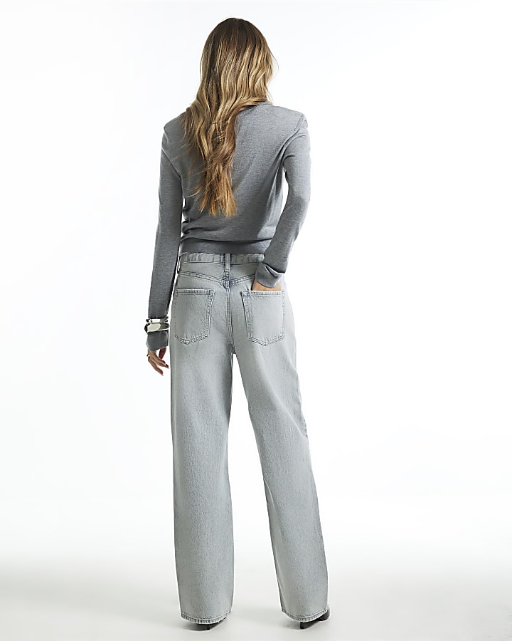 Grey High Waist Relaxed Straight Rip Jeans