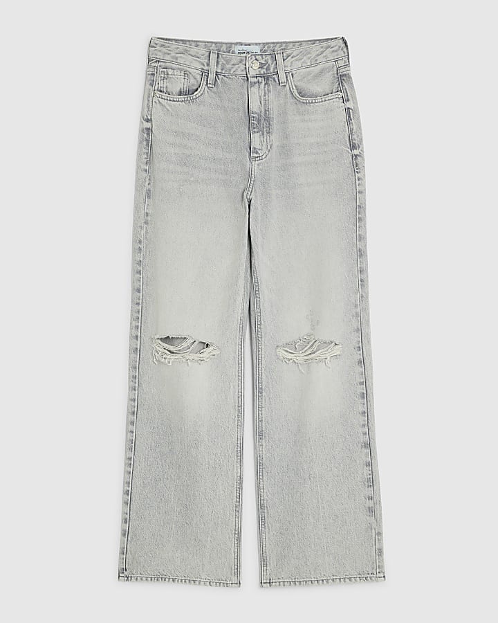 Grey High Waist Relaxed Straight Rip Jeans