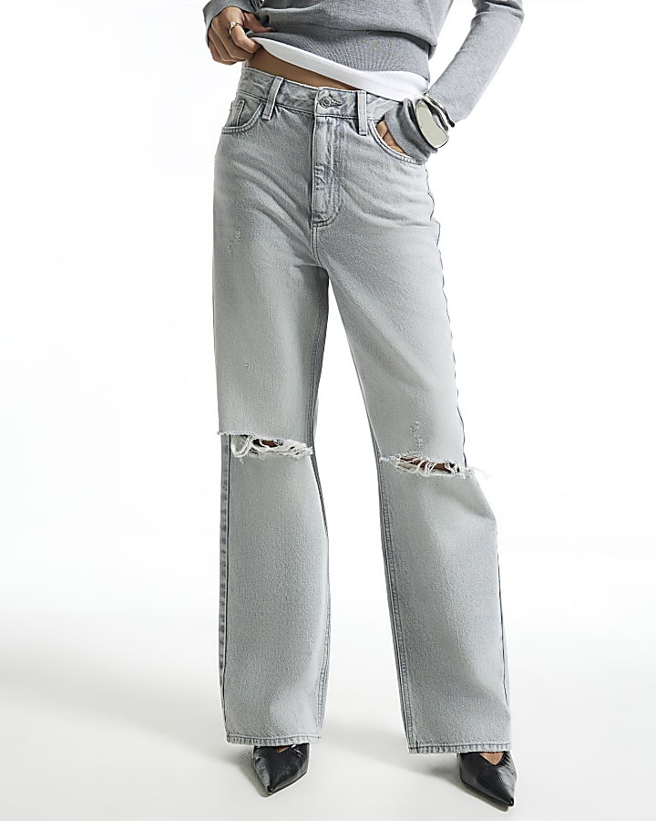 Grey High Waist Relaxed Straight Rip Jeans