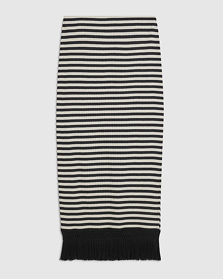 Cream Cotton Blend Fringe Hem Stripe Skirt