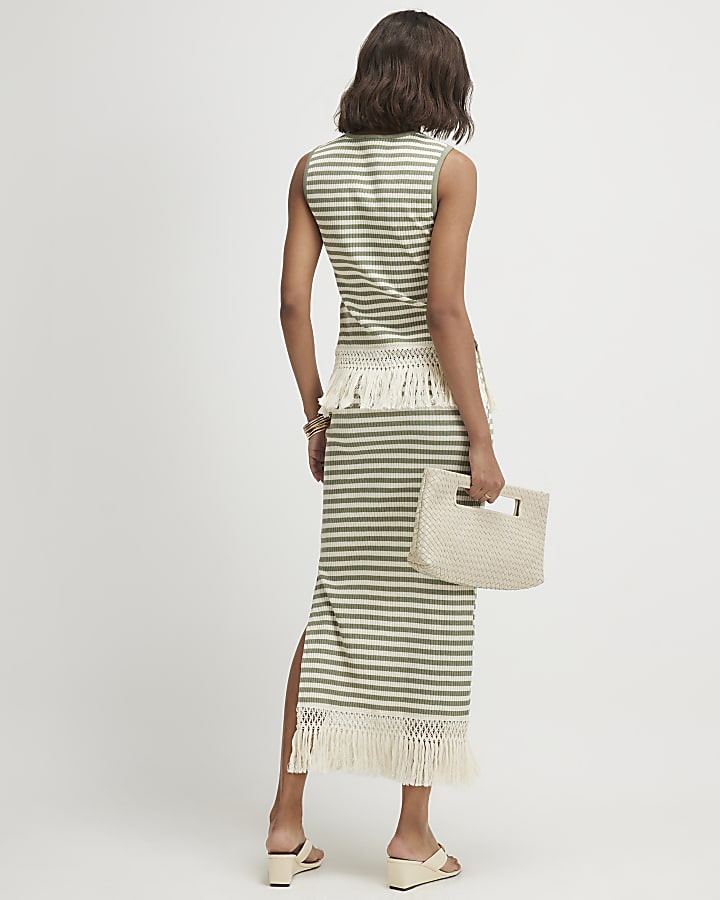Green Fringe Hem Striped Midi Skirt