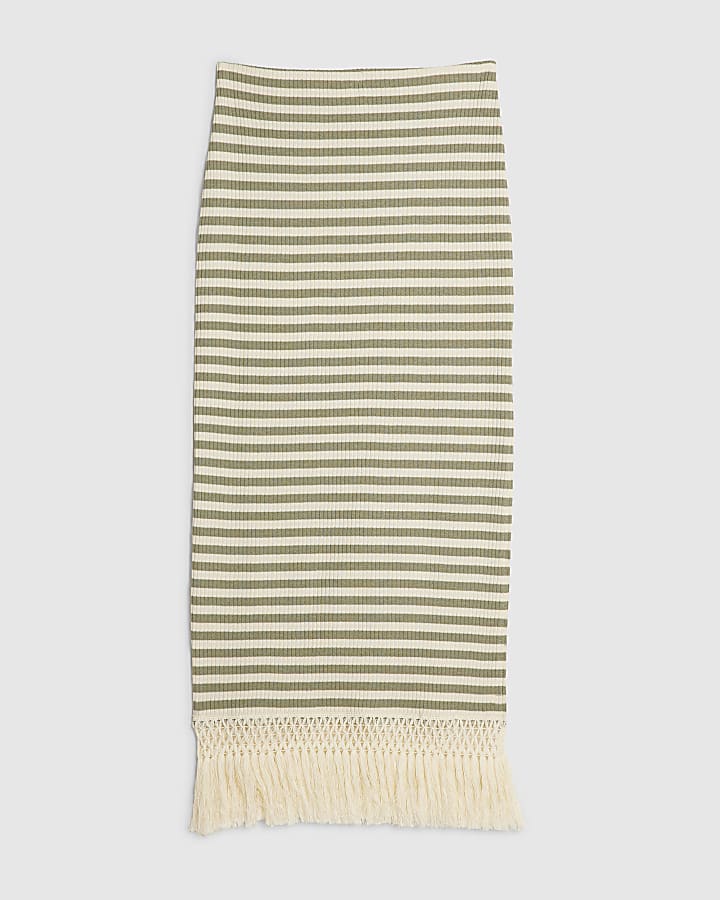 Green Fringe Hem Striped Midi Skirt