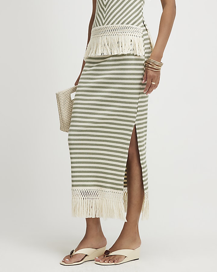 Green Fringe Hem Striped Midi Skirt